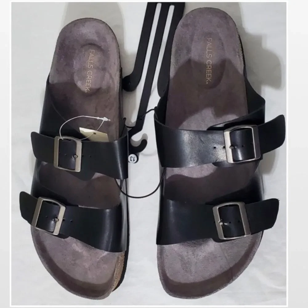 New Falls Creek Shoes Men Sandals Black Buckle Slip On Cork Slides NWT